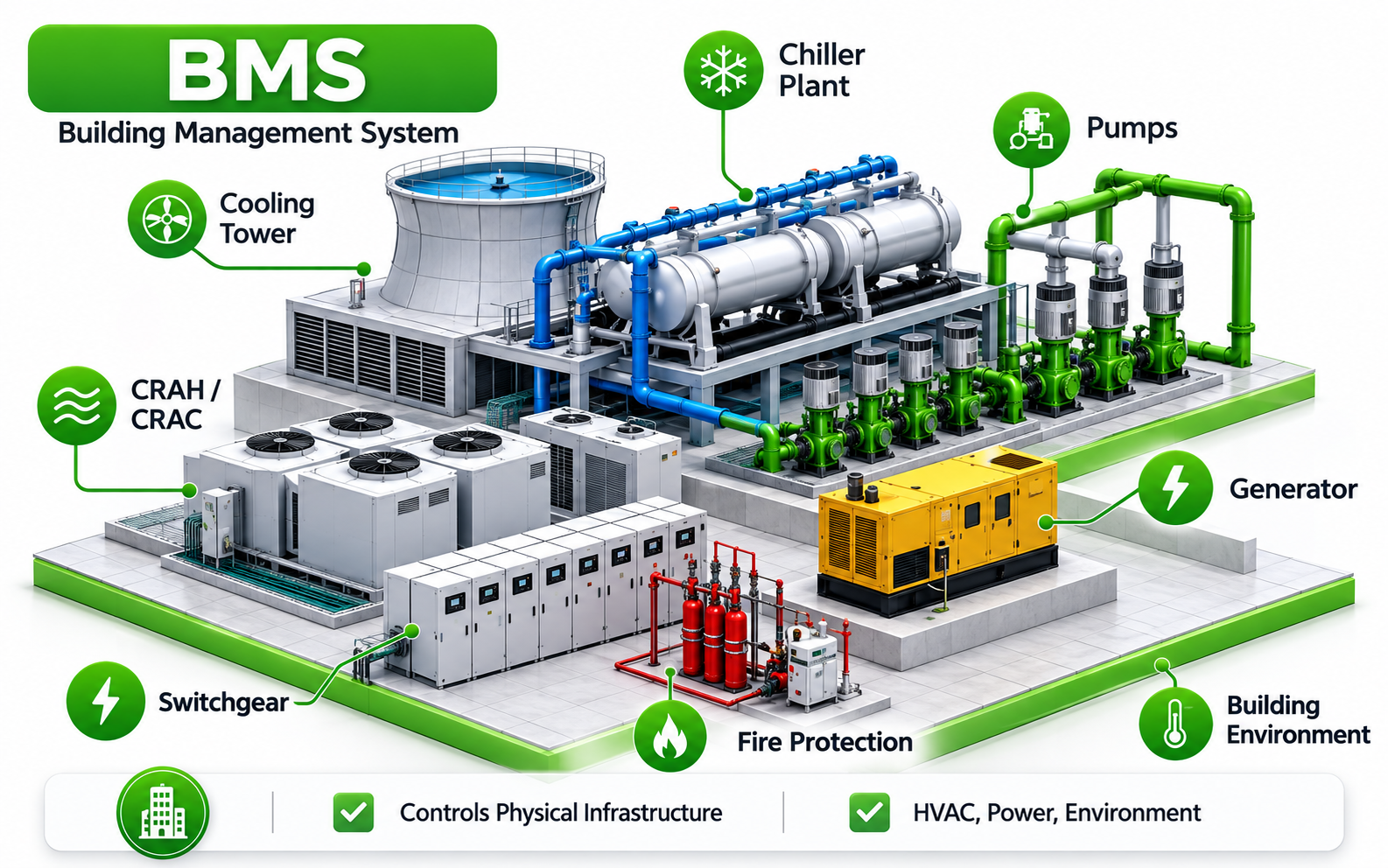 Building management system overview with HVAC, power, fire protection, and building environment